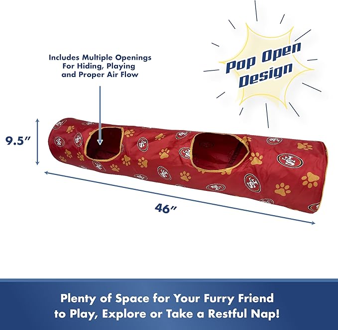 NFL San Francisco 49ers Cat Tunnel Tube Toy with Plush Football Catnip and Feathers Collapsible Tunnel for Cats to Play, Peek and Hide, Sporty &amp; Fun Cat Tunnel Toy with Team Logo All-Over Design!