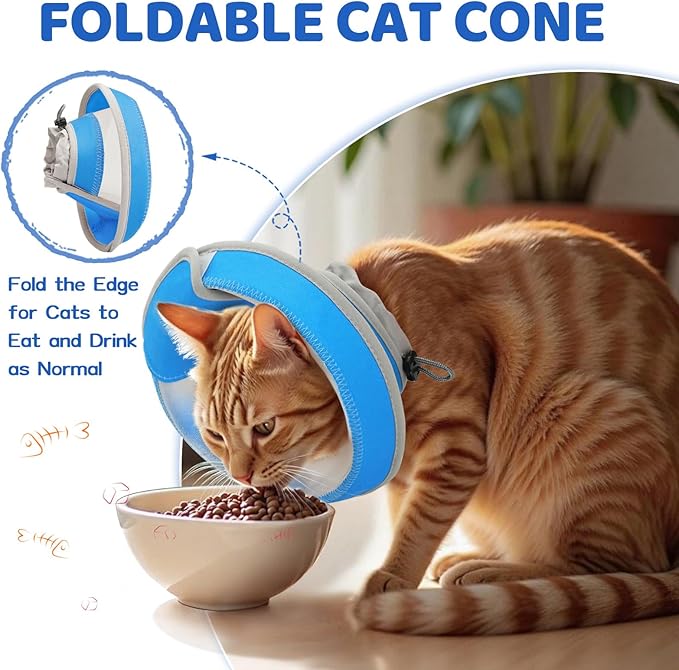 Breathable Air Mesh Cat Cone Collar Soft to Stop Licking, Adjustable, Foldable Lightweight Kitten Cones After Surgery Recovery for Cats &amp; Kittens (Light Blue,L)