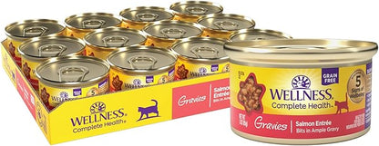 Wellness Complete Health Gravy Adult Wet Cat Food, Natural, Protein-Rich, Grain Free, 3 Ounce, 12 Pack, (Salmon Entree)