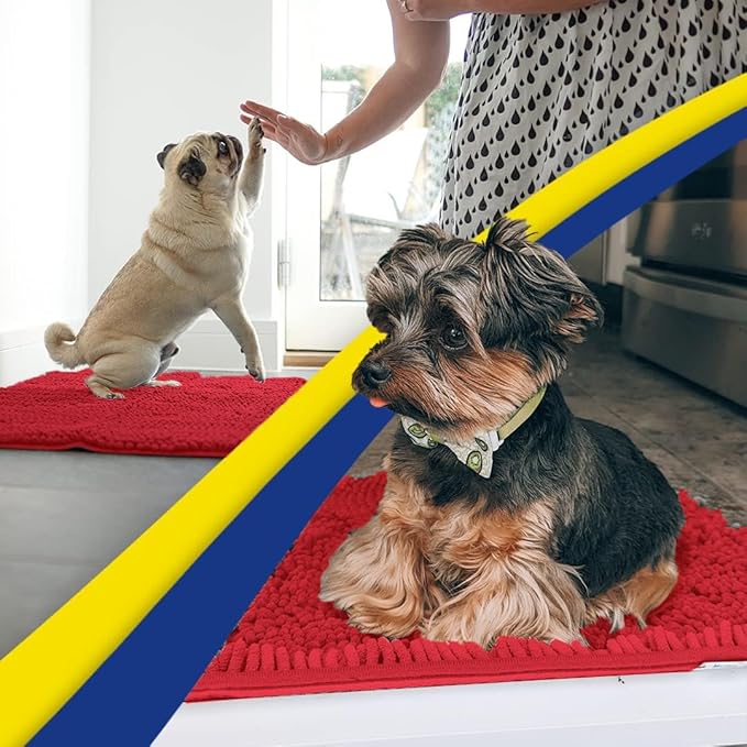 Muddy Mat® Pack of 3 Highly Absorbent Microfiber Dog Door Mat and Pet Rug, Non Slip Thick Washable Area Mat Soft Chenille for Kitchen Bathroom Bedroom and Outdoor - Red Small, Medium &amp; Large