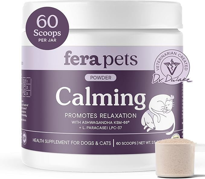 Fera Pets Calming Supplement for Dogs &amp; Cats with Probiotics, L-Theanine, and Ashwagandha - Supports Anxiety Relief - Promotes Relaxation - 60 Scoops