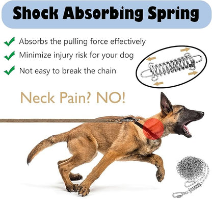 25ft Heavy Duty Chew Proof Dog Tie Out Chain Leash with Shock Absorbing Spring&amp;Lockable Hooks-Up to 200Lbs,Use for Yard,Garden,Camping or Travel