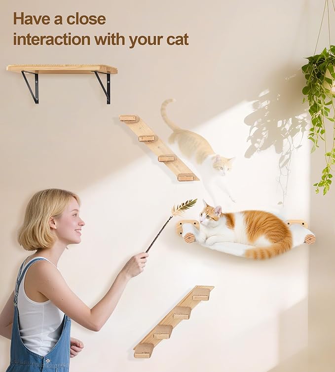 Cat Wall Shelves with 1 Floating Fabric Hammock, 2 Ladders with 4 Steps Each &amp; 1 Flat Cat Shelf, Wall Mounted Bed Furniture &amp; Climber, Indoor Playground