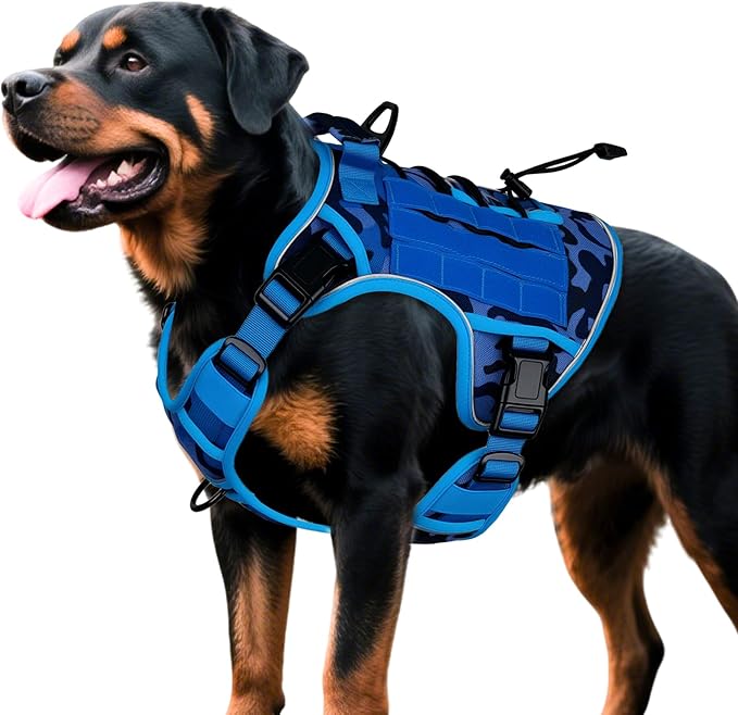 Heavy-Duty Tactical Dog Harness for Large Dogs, No Pull Adjustable Reflective Pet Vest with Molle System, K9 Military-Grade Control for Service Training, Outdoor &amp; 10+ Breeds, Blue Camo, XX-Large