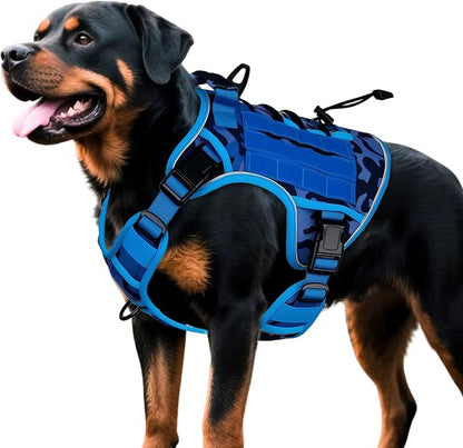 Heavy-Duty Tactical Dog Harness for Large Dogs, No Pull Adjustable Reflective Pet Vest with Molle System, K9 Military-Grade Control for Service Training, Outdoor &amp; 10+ Breeds, Blue Camo, XX-Large