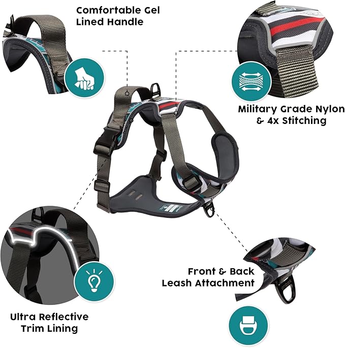 Embark Adventure Dog Harness, Reflective Trim XL Dog Harness for Extra Large Dogs No Pull - Military Grade Nylon, 2 Leash Clips &amp; Gel Lined Handle.