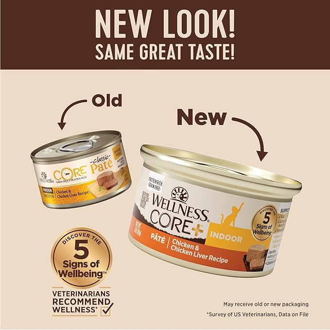 Wellness CORE+ Indoor Pate Adult Wet Cat Food, Natural, Protein-Rich, Grain Free, 3 Ounce, 12 Pack (Chicken &amp; Chicken Liver)