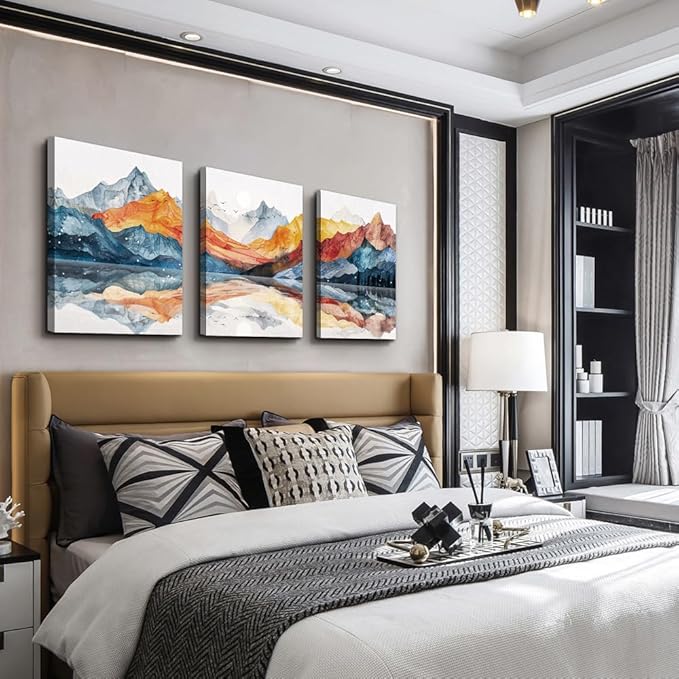TTHYUEWS Abstract Art for Bedroom &amp; Living Room - Modern Ink Mountain Landscapes - 3 Piece Ready To Hang Wall Decor