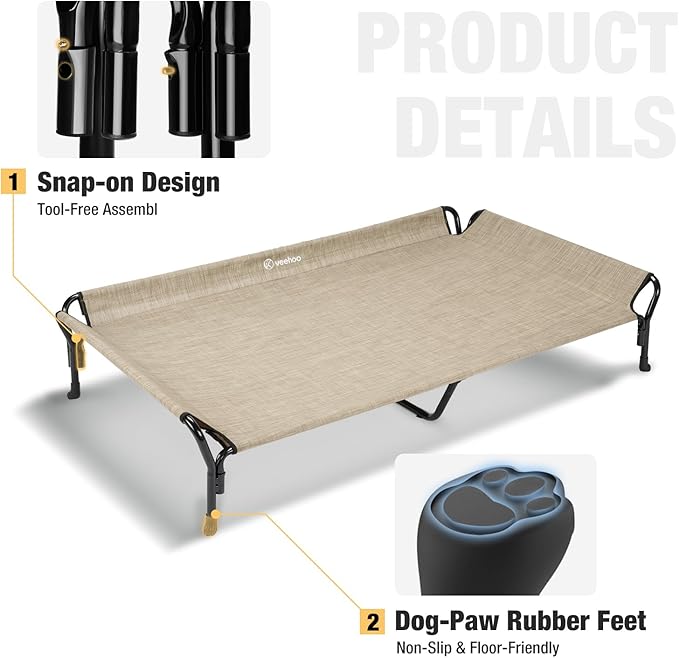 Veehoo Cooling Elevated Dog Bed, Guardrail Raised Pet Cot, Indoor &amp; Outdoor XXL Pet Bed with Washable &amp; Breathable Teslin Mesh, Non-Slip Feet, Dog Couch Bed, 62.5" x 37", Beige Coffee
