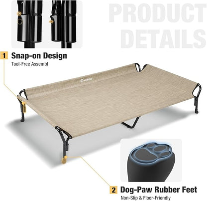 Veehoo Cooling Elevated Dog Bed, Guardrail Raised Pet Cot, Indoor &amp; Outdoor XXL Pet Bed with Washable &amp; Breathable Teslin Mesh, Non-Slip Feet, Dog Couch Bed, 62.5" x 37", Beige Coffee
