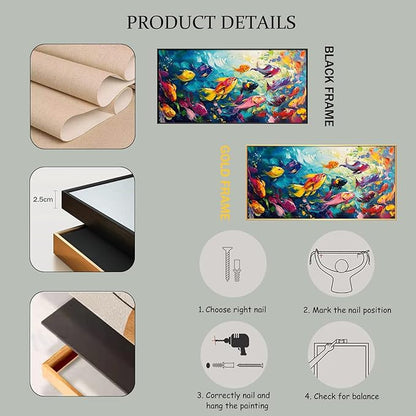 School of Fish Printed Canvas Wall Art – Framed Abstract Ocean Print – Vibrant Fish Wall Decor for Living Room, Bedroom, Office (Gold Framed, 55"x27"|140x70cm)