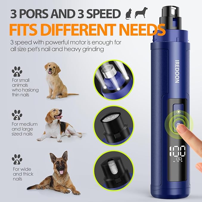 Dog Nail Grinder Upgraded - Professional 3-Speed Super Quiet and Low Vibration Electric Pet Nail Grinder with 4 LED Lights - Painless Paws Grooming &amp; Smoothing for Small to Large Dogs (Blue)