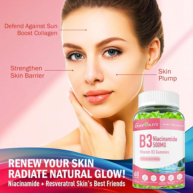 Niacinamide 500mg Gummies, Chewable Vitamin B3 Supplement with Resveratrol 500mg, High Potency Niacin for Antioxidant, Skin &amp; Brain Health, Immune Support, Vegan Apple Flavor, 60 Count