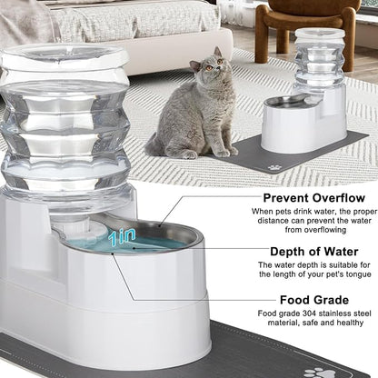 Sfozstra Automatic Gravity Water Dispenser: 5L White Stainless Steel Pet Bowl Waterer with Waterproof Pad - Raised Edge Water Feeder for Cats &amp; Small Dogs Indoor/Outdoor