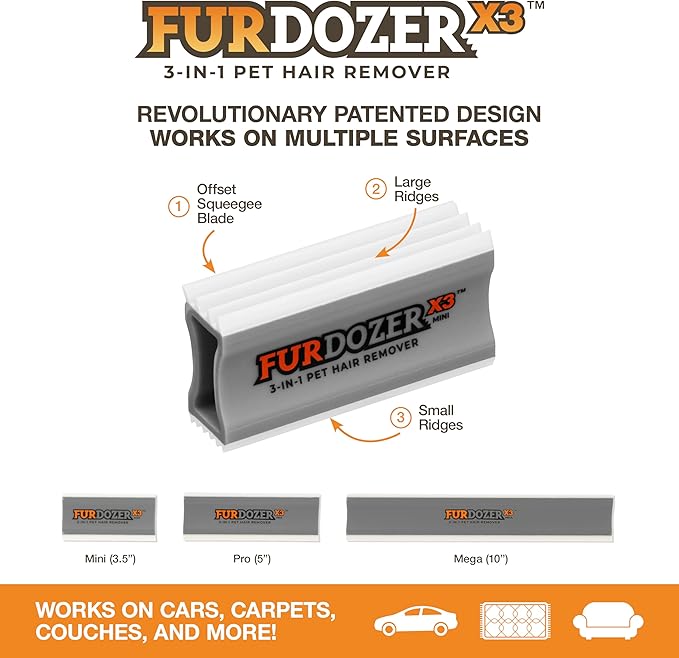FurDozer X3 MINI Pet Hair Remover &amp; Auto Detailing Tool - Cat &amp; Dog Hair Remover for Carpet, Car Interior, Couch, Bedding, &amp; Furniture - Reusable Pet Hair Removal Tool for Dog Fur &amp; Lint, 3.5", Grey