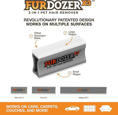 FurDozer X3 MINI Pet Hair Remover &amp; Auto Detailing Tool - Cat &amp; Dog Hair Remover for Carpet, Car Interior, Couch, Bedding, &amp; Furniture - Reusable Pet Hair Removal Tool for Dog Fur &amp; Lint, 3.5", Grey