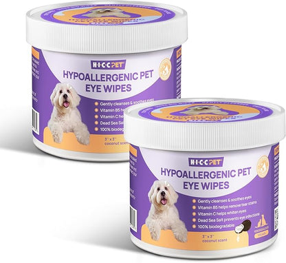 HICC PET Eyes Wipes for Dogs &amp; Cats - Gently Remove Tear Stain, Debris, Discharge, Crust - Coconut Oil Pet Cleaning Grooming Deodorizing Wipes Wash Cleaner for Eyes, Wrinkle, Face - 100pcs
