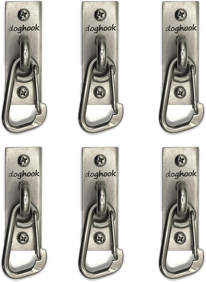 Canine Hitch- Secure Dog Leash Parking Wall Slim Hook with Clip 6 Pack - Tie Out Stainless Steel &amp; ABS Mounting Plate for Strength - Practical Lead Management for Home &amp; Business