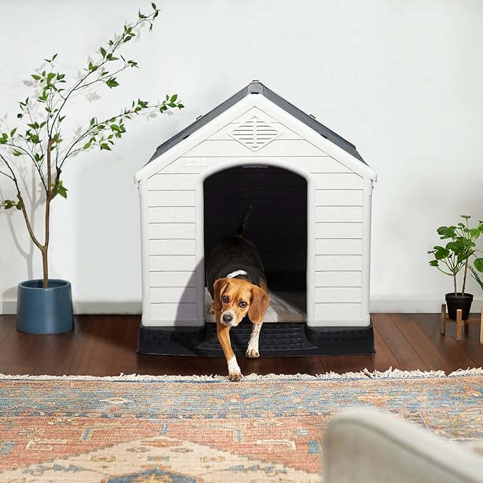 LEMBERI Durable Waterproof Plastic Dog House for Small to Large Sized Dogs, Indoor Outdoor Doghouse Insulated Puppy Shelter with Elevated Floor, Easy to Assemble (Gray, 34&