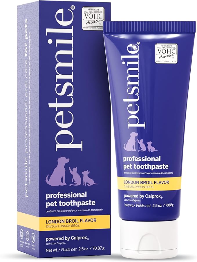 Petsmile Professional Pet Toothpaste for Cats &amp; Dogs - Only VOHC Accepted Toothpaste - Clinically Proven to Control Plaque &amp; Tartar Calprox Formula (London Broil, 2.5 Oz)