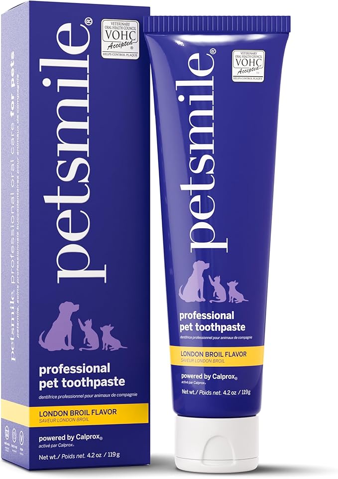 Petsmile Professional Pet Toothpaste for Cats &amp; Dogs - Only VOHC Accepted Toothpaste - Clinically Proven to Control Plaque &amp; Tartar Calprox Formula (London Broil, 4.2 Oz)