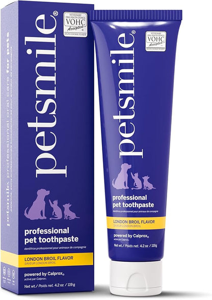 Petsmile Professional Pet Toothpaste for Cats &amp; Dogs - Only VOHC Accepted Toothpaste - Clinically Proven to Control Plaque &amp; Tartar Calprox Formula (London Broil, 4.2 Oz)