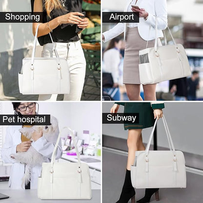 Dog Carrier Purse, Fashion Leather Pet Carrier with Pockets, Airline Approved Soft Sided Dog Carrying Bag for Puppy Cat Dog White