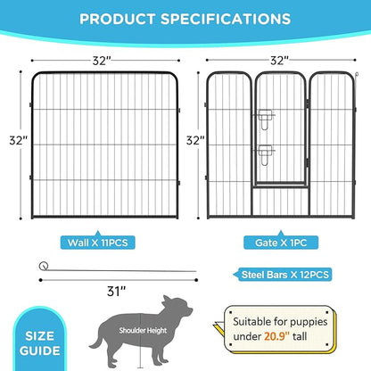 BestPet Dog Playpen Indoor 32 inch 12 Panels Metal Dog Pen Pet Dog Fence Outdoor Exercise Pen with Doors,Pet Puppy Playpen for RV Camping Yard, Black