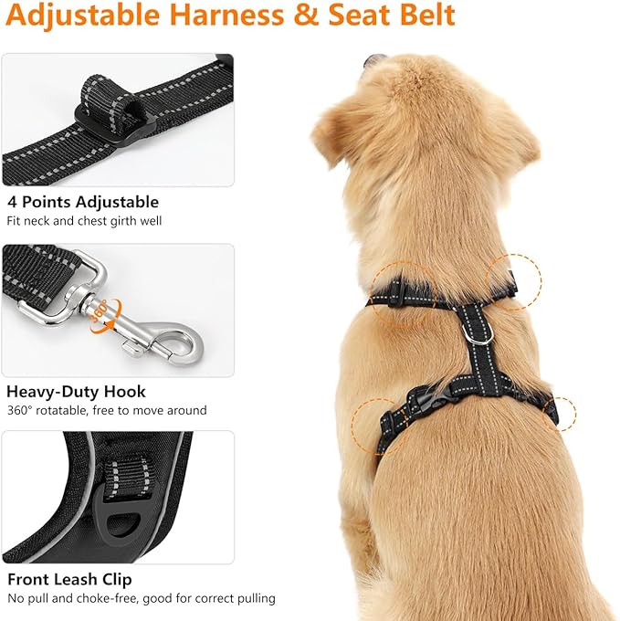 Dog Seat Belt Harness for Car, Dog Car Harness Adjustable Mesh Breathable &amp; Dogs Seatbelt Safety Tether with Elastic Bungee for Small Medium Large Pets(Carbon Black, XL)