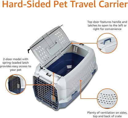 Amazon Basics 2-Door Top-Load Hard-Sided Dogs, Cats Pet Travel Carrier, Gray &amp; Blue, 22.8"L x 15.0"W x 13.0"H