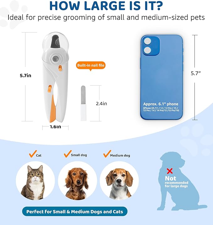 Pet Nail Clipper with Light for Cats &amp; Small Dogs Puppies, Ultra Bright LED to Illuminate Nail Bloodline to Avoid Over Cutting, Extra-Sharp and Durable Cat Claw Trimmer with Nail File (White)