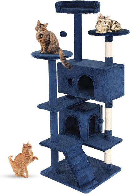 FDW Cat Tree 54in Cat Tower Multi-Level Durable Cat Scratching Post &amp; Cozy Fun Cat Jumping Platform Space Saving Cat Condo Pet Play House for Indoor Cats,Navy Blue