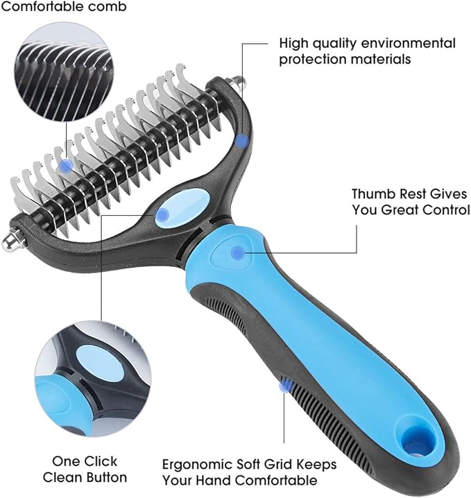 Pet Grooming Tool - 2 Sided Undercoat Rake for Cats and Dogs - Safe Dematting Comb for Easy Mats &amp; Tangles Removing - No More Nasty Shedding and Flying Hair