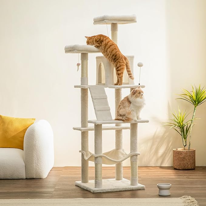 MWPO 70.1-Inch Large Cat Tree, Multi-Level Tall Cat Tower for Indoor Cats, Plush Cat Condo with Big Padded Perches, Sisal-Covered Scratching Posts, Hammock, Toys for Kittens &amp; Cats - Beige