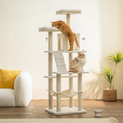 MWPO 70.1-Inch Large Cat Tree, Multi-Level Tall Cat Tower for Indoor Cats, Plush Cat Condo with Big Padded Perches, Sisal-Covered Scratching Posts, Hammock, Toys for Kittens &amp; Cats - Beige