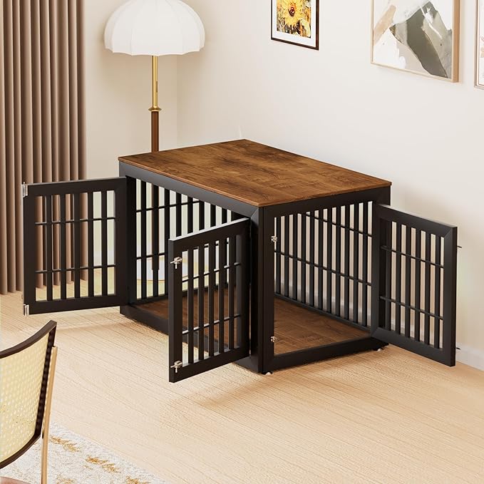 48" Heavy Duty Dog Crate Furniture for Small,Medium and Large Dogs,Rustic Wooden Dog Cage Kennel Indoor Furniture with Waterproof Top,Decorative Pet House Side End Table (Black &amp; Wood)