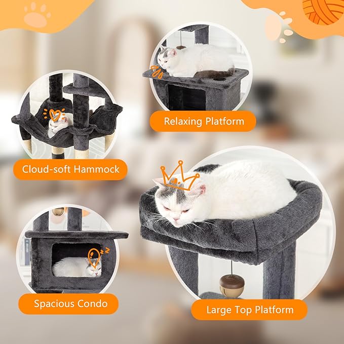 KITTY KINGDOM 65in Large Cat Tree Condo Furniture for Indoor Kitties, Multi-Level Cat Tower with 4 Scratching Posts, Cat Cave, Hammock, Perch &amp; Reinforced Base, Plush Gray