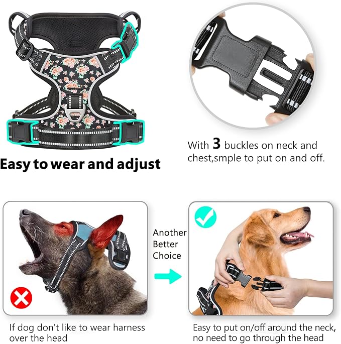 Timos No Pull Dog Harness,NO Need Go Over Dogs Head 3 Snap Buckles Reflective Oxford No Choke Harness with Front&amp;Back 2 Metal Leash Clips Soft Padded for Small Medium Large Dogs,X-Large (Pack of 1)