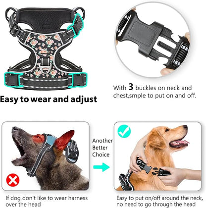Timos Dog Harness, 3 Snap Buckles No-Pull Soft Padded Dog Vest with 2 Metal Leash Clips,Adjustable Reflective No Choke Pet Harness with Easy Control Handle for Small Dogs,Black Rose,S