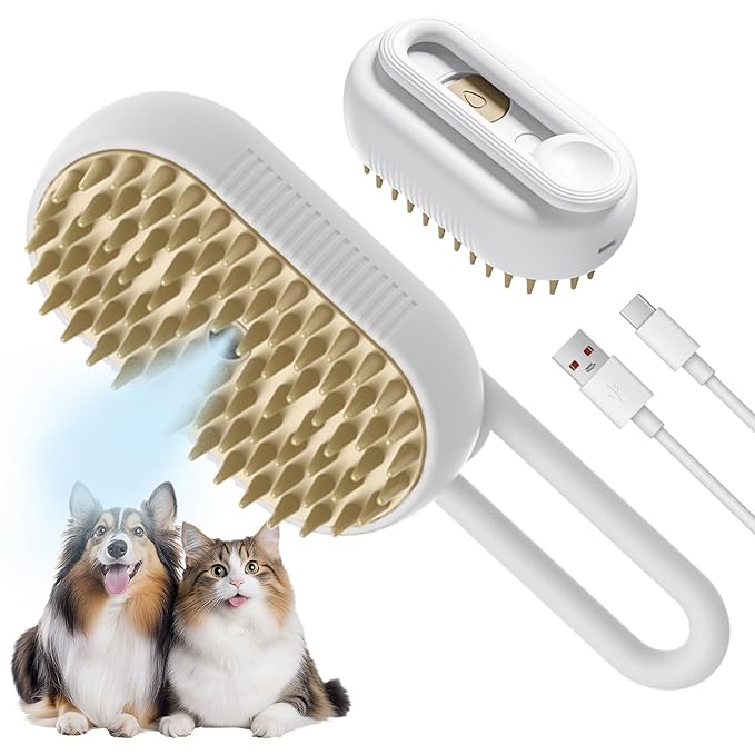 LunaSync Cat Steam Brush for Shedding, 4 in 1 Rechargeable Pet Grooming Brush for Cats and Dogs, Anti-Static Deshedding Tool with Massage &amp; Cleaning, Comb for Long Short Hair - White