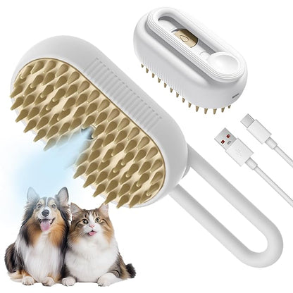 LunaSync Cat Steam Brush for Shedding, 4 in 1 Rechargeable Pet Grooming Brush for Cats and Dogs, Anti-Static Deshedding Tool with Massage &amp; Cleaning, Comb for Long Short Hair - White