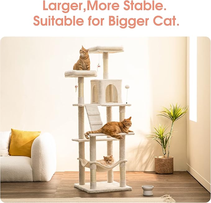 MWPO 70.1-Inch Large Cat Tree, Multi-Level Tall Cat Tower for Indoor Cats, Plush Cat Condo with Big Padded Perches, Sisal-Covered Scratching Posts, Hammock, Toys for Kittens &amp; Cats - Beige