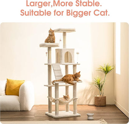 MWPO 70.1-Inch Large Cat Tree, Multi-Level Tall Cat Tower for Indoor Cats, Plush Cat Condo with Big Padded Perches, Sisal-Covered Scratching Posts, Hammock, Toys for Kittens &amp; Cats - Beige