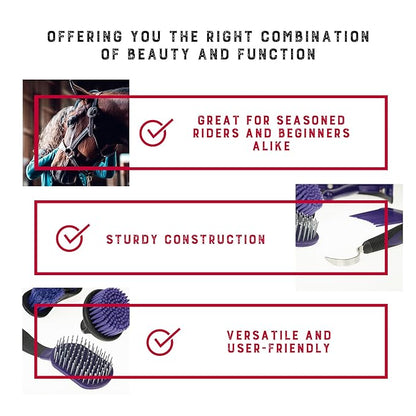 Weaver Equine 6-Piece Horse Grooming Kit, Ergonomic Gentle Horse Care Kit, Equestrian Supplies for Bathing Support, Detangling, and More, Purple/Black