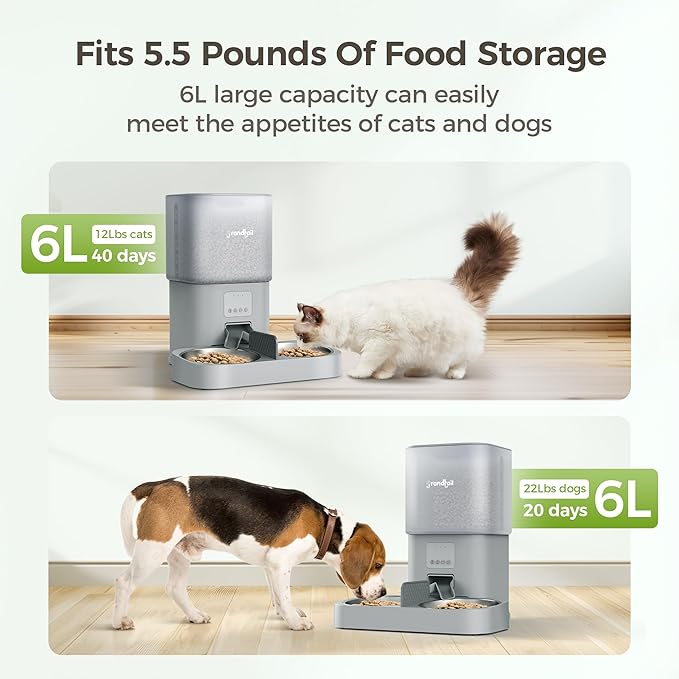WiFi Automatic Cat Feeder with App - 6L Elevated Smart Food Dispenser for 2 Pets, Programmable 1-10 Meals, 2 Stainless Bowls &amp; Dual Power