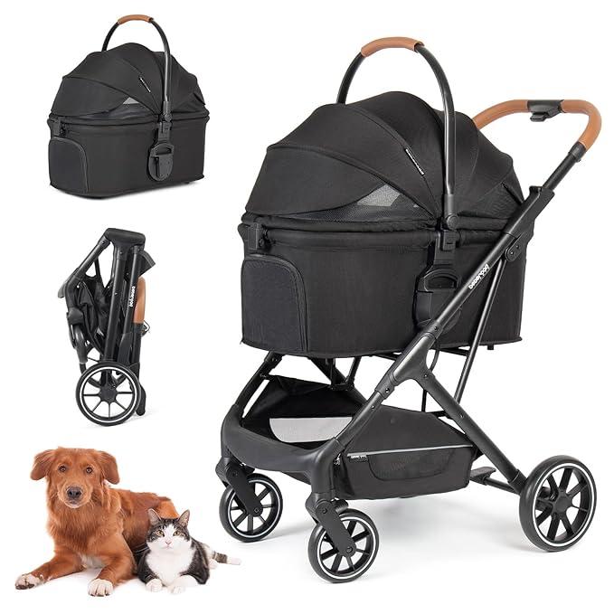 T6 Luxury Pet Stroller for Medium Dogs Up to 66lbs or 2 Small Pets – 3-in-1 Dog &amp; Cat Stroller with Removable Carrier, Foldable &amp; Lightweight (Black)