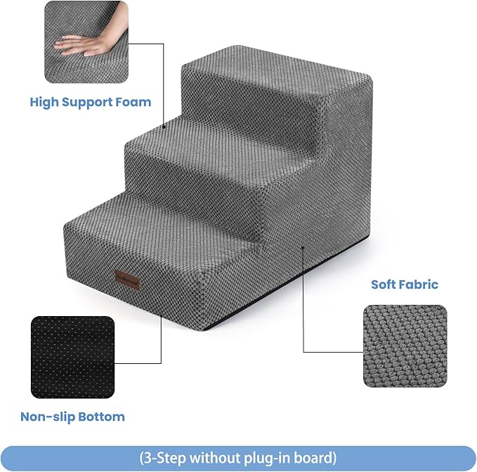 Dog Stairs for Small Dogs &amp; Cats,3-Step Extra Wide Non-Slip Pet Steps for Couch Sofa and Chair,Grey,15.7" H