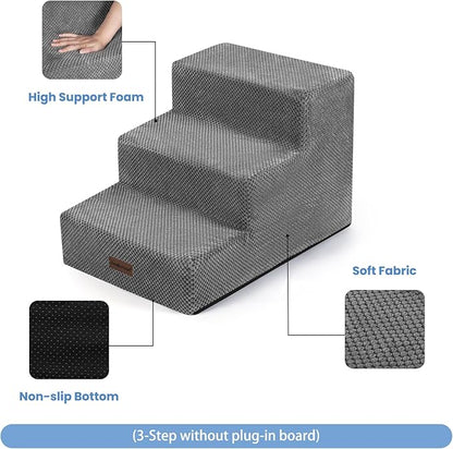 Dog Stairs for Small Dogs &amp; Cats,3-Step Extra Wide Non-Slip Pet Steps for Couch Sofa and Chair,Grey,15.7" H