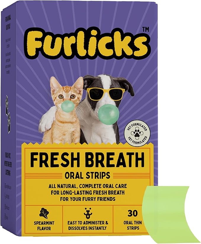 Fresh Breath Oral Strips for Dogs &amp; Cats | Natural Spearmint &amp; Thymol for Easy and Convenient, All-Natural Oral Care (30 Oral Dissolving Strips)