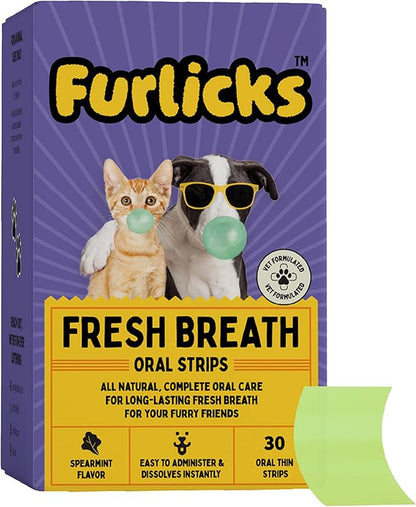 Fresh Breath Oral Strips for Dogs &amp; Cats | Natural Spearmint &amp; Thymol for Easy and Convenient, All-Natural Oral Care (30 Oral Dissolving Strips)
